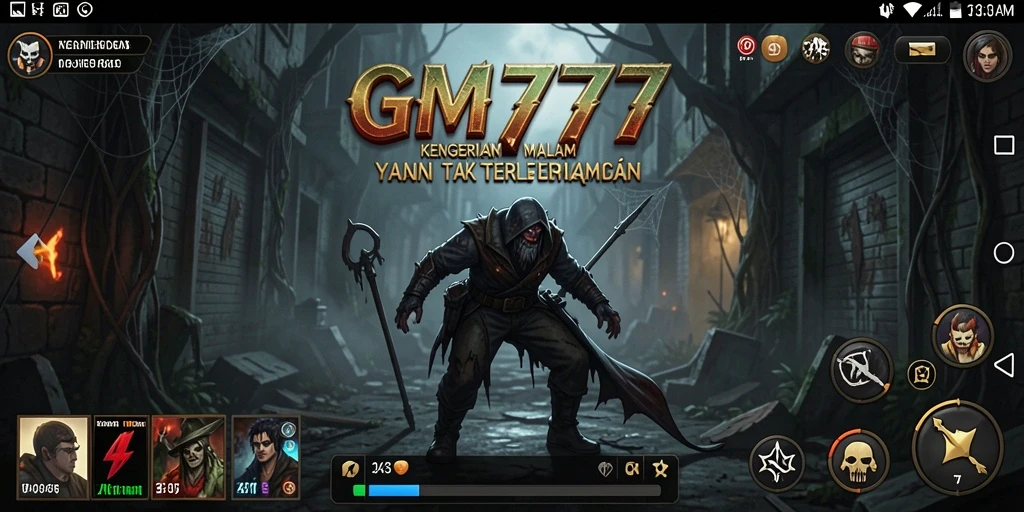 Tangkapan layar utama GM777 menampilkan aksi menegangkan di lingkungan Horror.