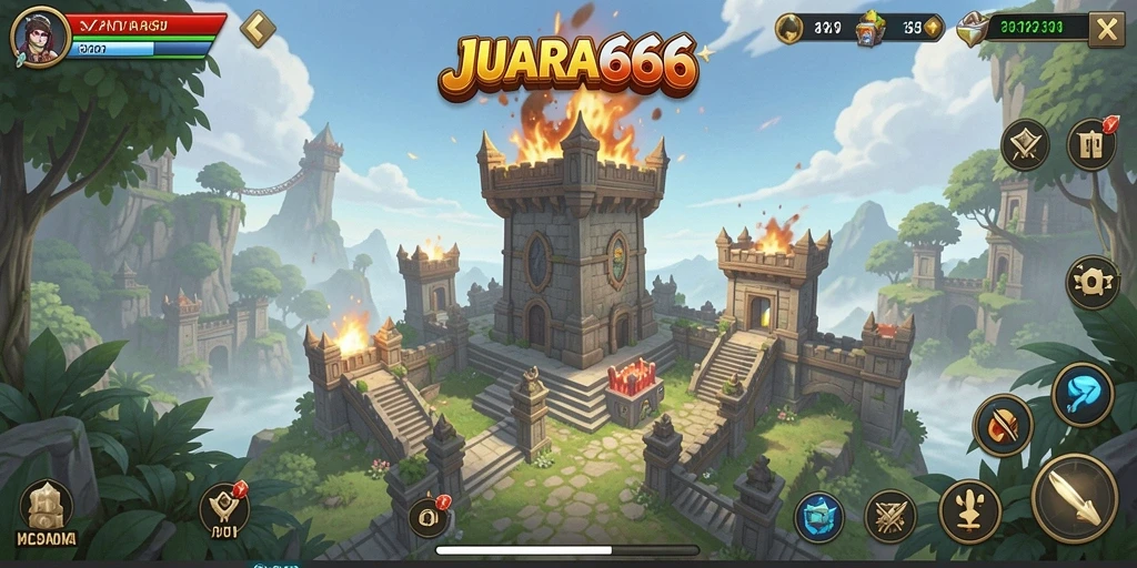 Tampilan gameplay JUARA666 dengan menara yang siap bertahan.