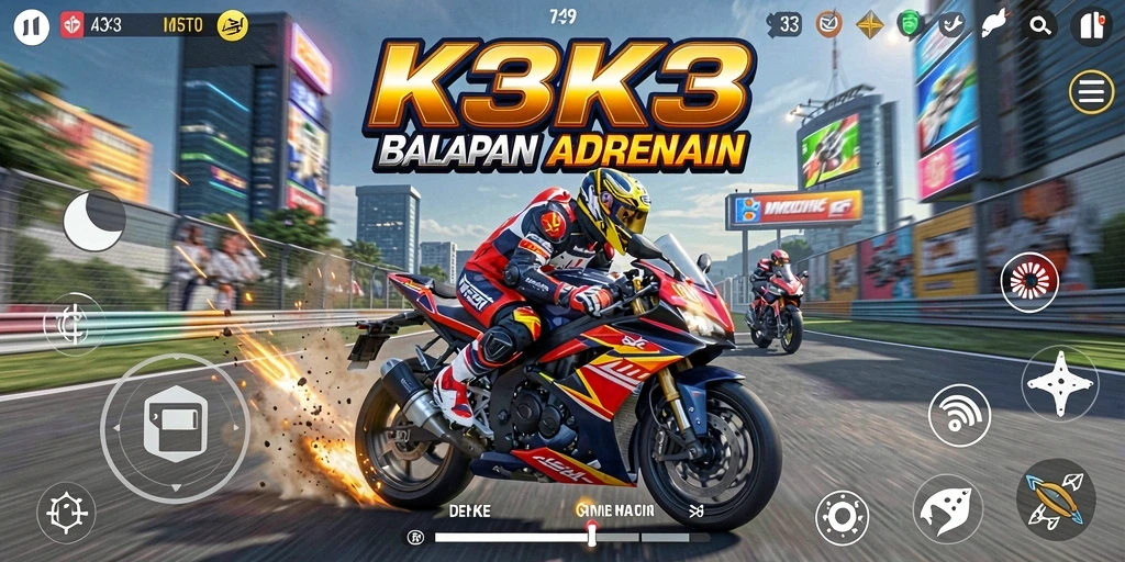 Screenshot utama K3K3 menunjukkan aksi balapan motor yang seru.