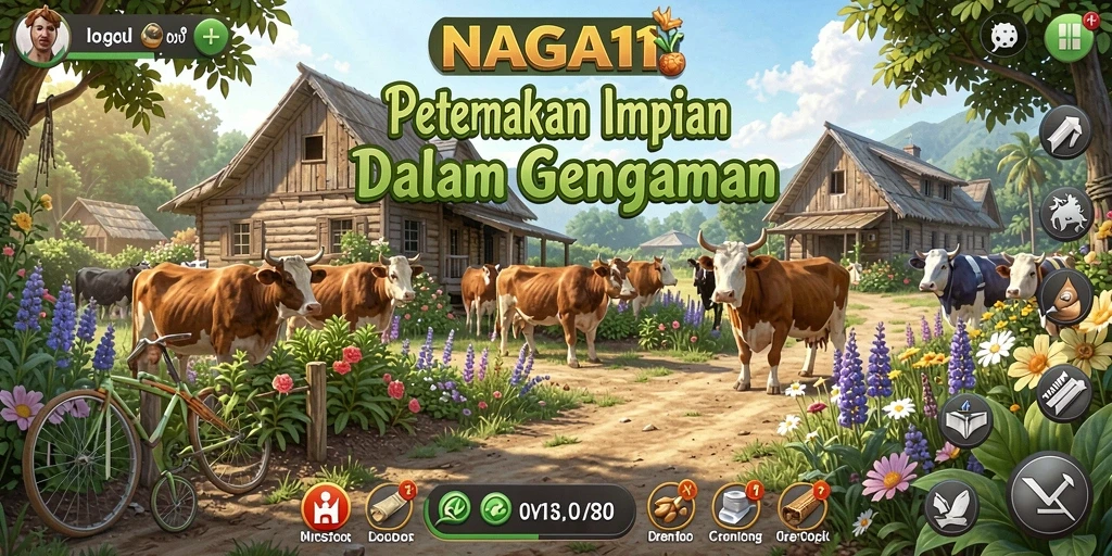 Screenshot utama NAGA11 menunjukkan kebun yang subur dan penuh warna.