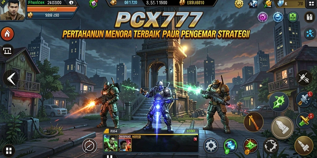 Screenshot utama PCX777 menampilkan serangan menara pada gelombang musuh.