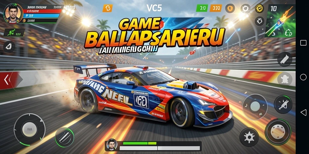 Screenshot gameplay VC5 menampilkan mobil balap di lintasan dengan grafik menakjubkan.